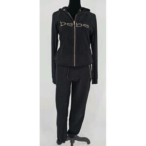 Y2K Bebe Track Suit Small Black Gold Rhinestone Logo Sheer Arms And‎ Leg Panel